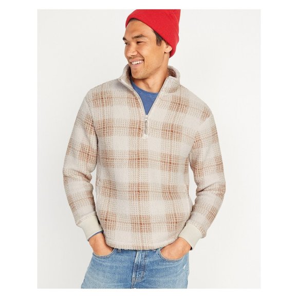 Old Navy Sweatshirt Mens 3XL 1/4 Zip Pullover Beige Sherpa Plaid Fleece - Picture 16 of 16